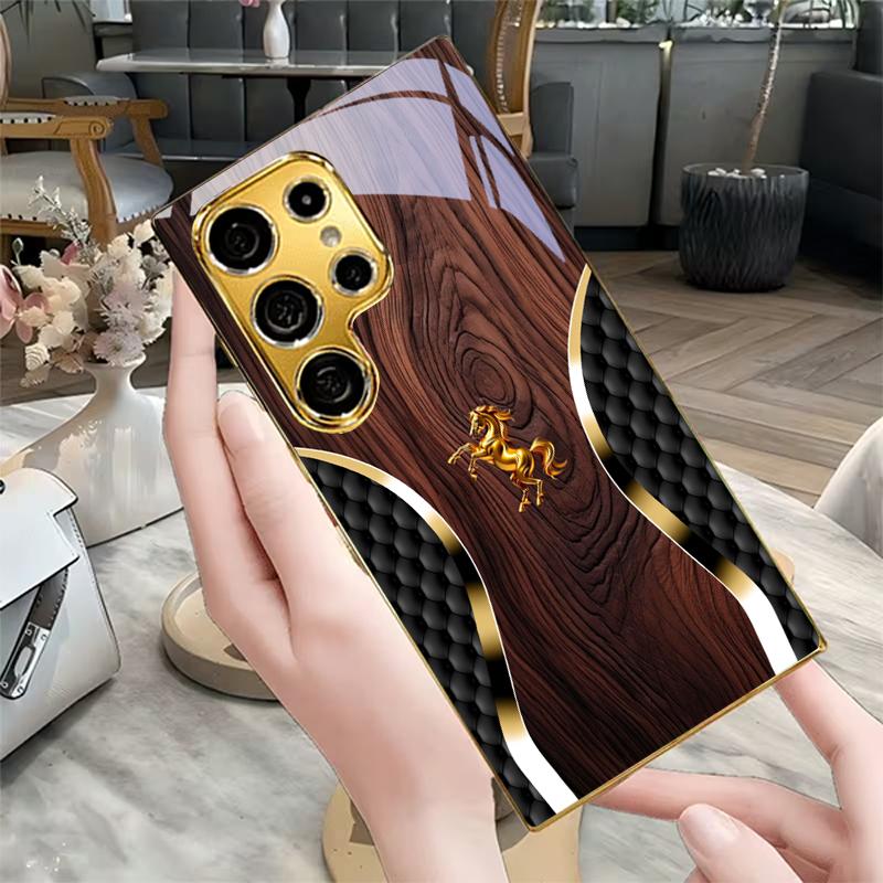 Стеганый Золотой Конь Позолоченный Чехол Для Телефона Samsung Galaxy S25 S24 S26 S23 S22 S21 S20 Ultra Plus FE S26+ Стеклянная Крышка