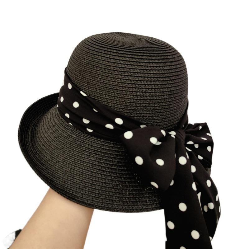 French retro elegant polka dot bow visor straw hat women's summer seaside vacation beach sunscreen basin hat