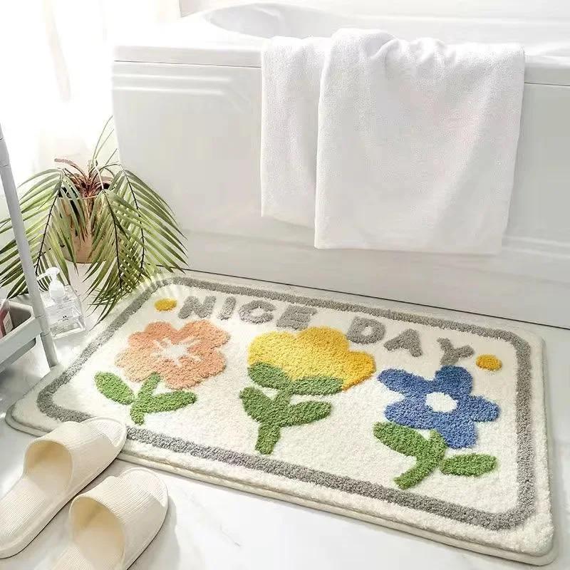 VIKAMA | Fresh Floral Imitation Cashmere Rug - Non-Slip, Absorbent Bathroom Mat/Living Room Doormat/Multi-Purpose Foot Mat