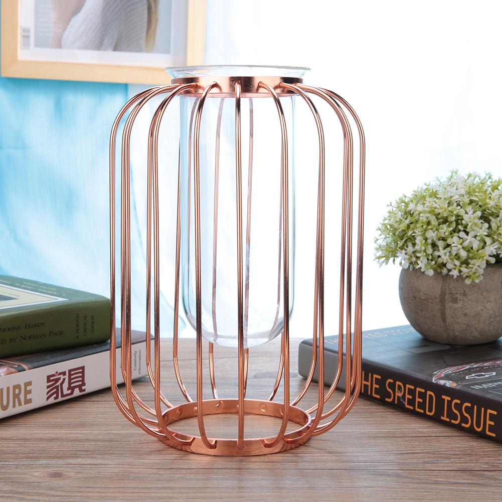 Nordic Lantern Shaped Wrought Iron Vase Glass Iron Tabletop Flower Vase(  Gold)