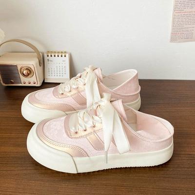 Туфли Fairy Pink Platform White Shoes Women's New Ribbon Minority All-Match Ins Fashionable Dress Board Shoes