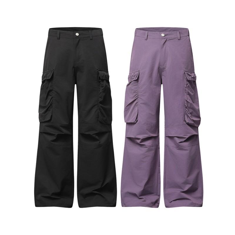Mens Loose Straight Cargo Pants Streetwear Style Pleated Casual Trousers With Pockets