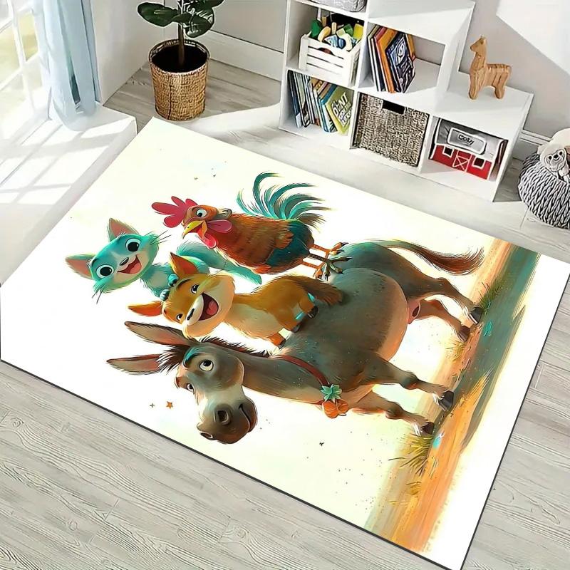 Fairy Tale Animal Group Print Area Rug Donkey Cat Fox Rooster Floor Carpet Home Living Room Decor