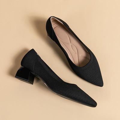 Женские черные туфли-лодочки с острым носком и дышащим толстым каблуком для работы