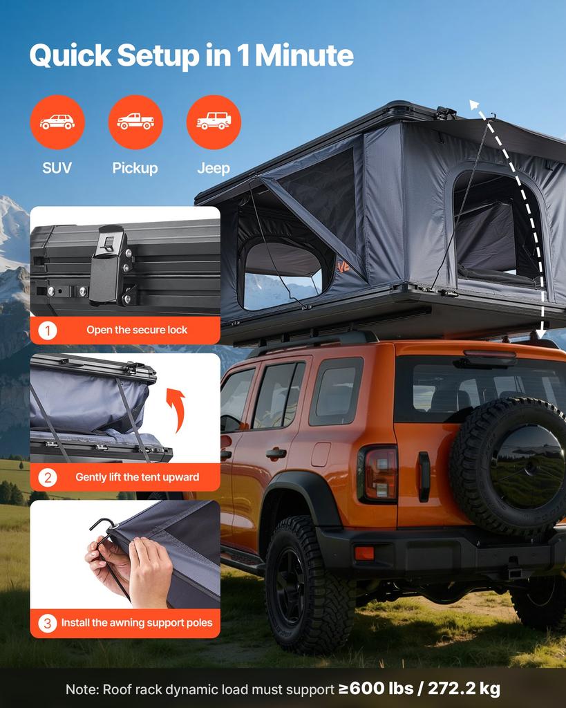 VEVOR Rooftop Tent Hard Shell, 2-3 Person Aluminum Roof Top Tent Hardshell with Tri-Color LED Light, Thick Mattress & 2 Windows