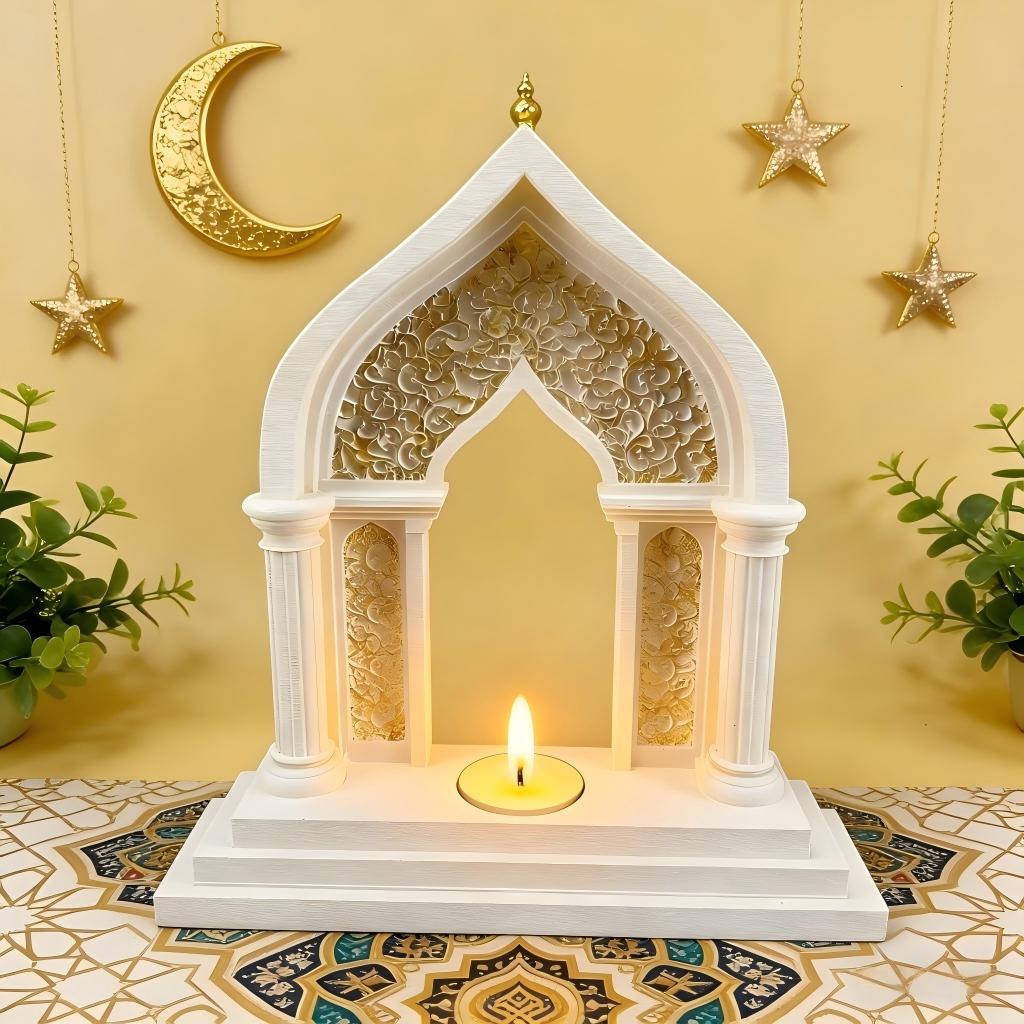 Islamic Mosque Arch Candle Holder Arabic Carved Ornament Ramadan Eid Festival Home Decor Table Centerpiece Tealight Holiday Gift
