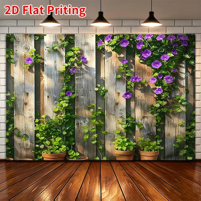 2D Rustic Board Potted Flower Background for Country Spring Birthday Party Decoration