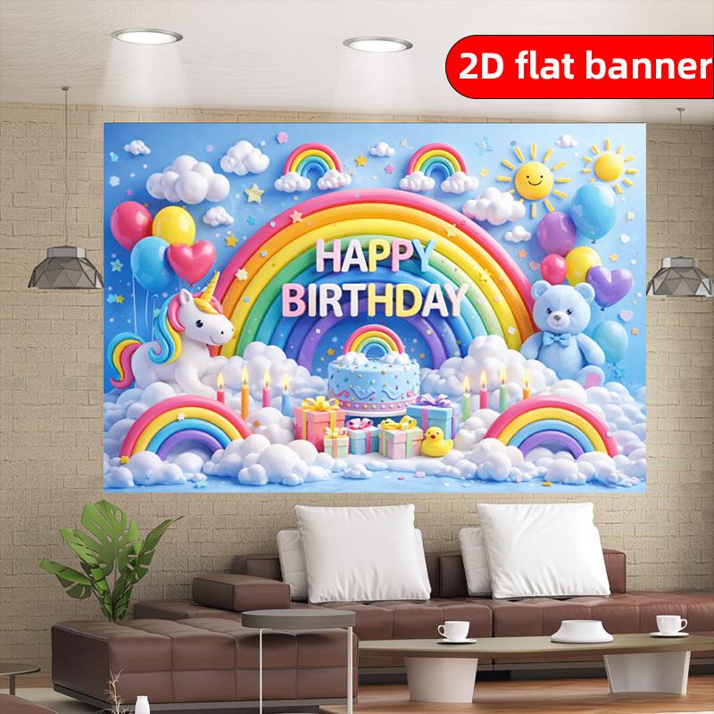 2D Background Cloth 1pc Rainbow Unicorn Theme Birthday Party Background Cloth Polyester Background Decorative Banner