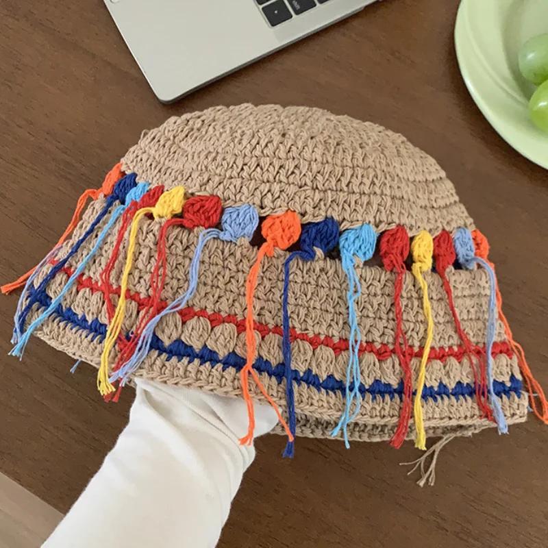 Корейская версия, свежая цветная вязаная панама с бахромой, женская, весна и осень, фото, дорожная, универсальная, повседневная, ретро-кепка