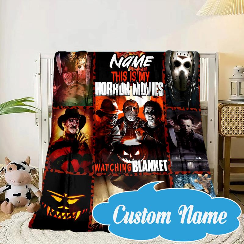 Custom Name Horror Movie Night Blanket bed sofa Blanket Flannel Blanket for Camping, Hiking, Picnic Essentials,gift for Fan family