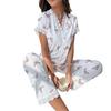 Women's Cherry Print Pajama Set Short Sleeve Button Front Top Long Pants Sleepwear Set Lace