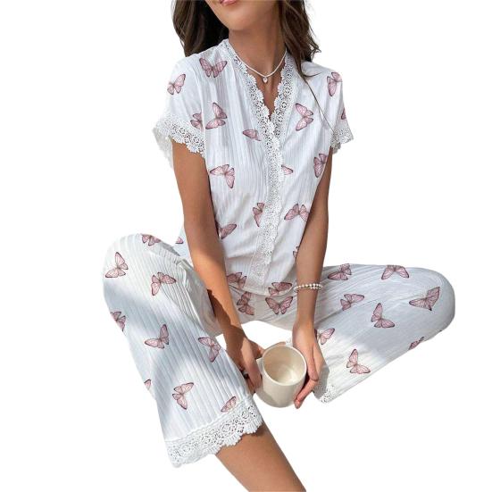 Women's Cherry Print Pajama Set Short Sleeve Button Front Top Long Pants Sleepwear Set Lace