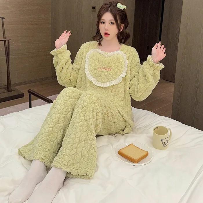 Женский зимний теплый пижамный комплект из кораллового флиса, топ с длинными рукавами и штаны, пижамный комплект из мягкой фланели, домашняя одежда, куртка