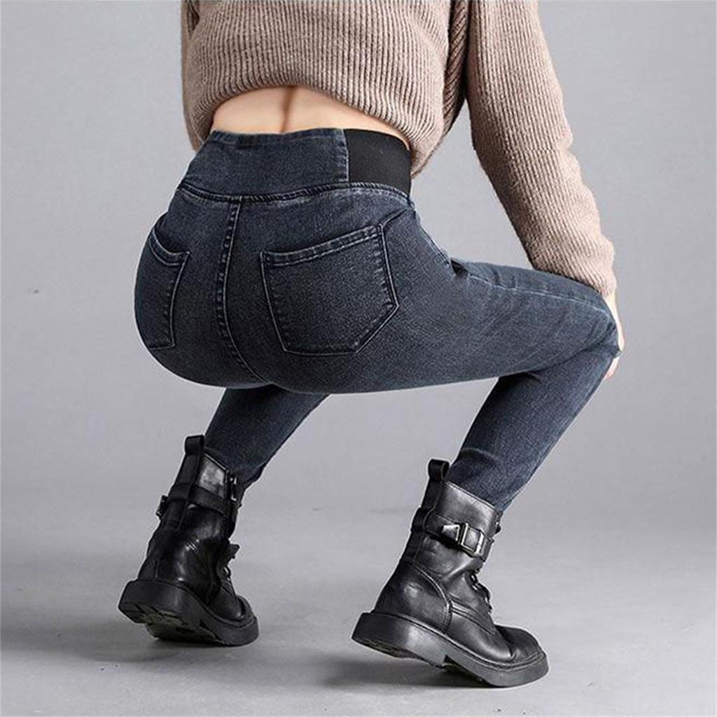 Fashion Women Plus Size Plus Velvet Elastic High Waist Casual Jeans Pencil Pants