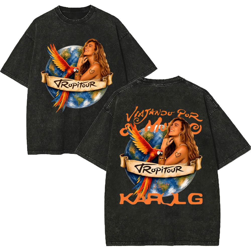 Vintage Washed Karol G Tropicoqueta Tour 2026 Tshirts Men Women Fashion Pop Music T Shirt Summer Casual Loose Cotton Tshirt