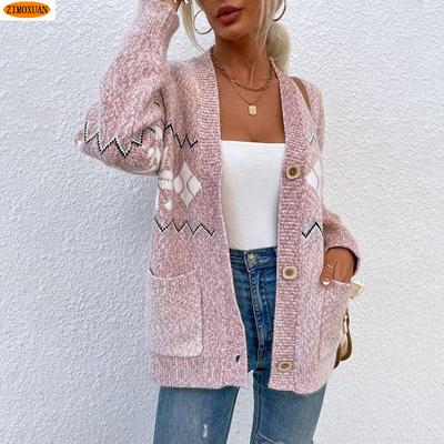 Женский вязаный кардиган с длинными рукавами и карманами со снежинками