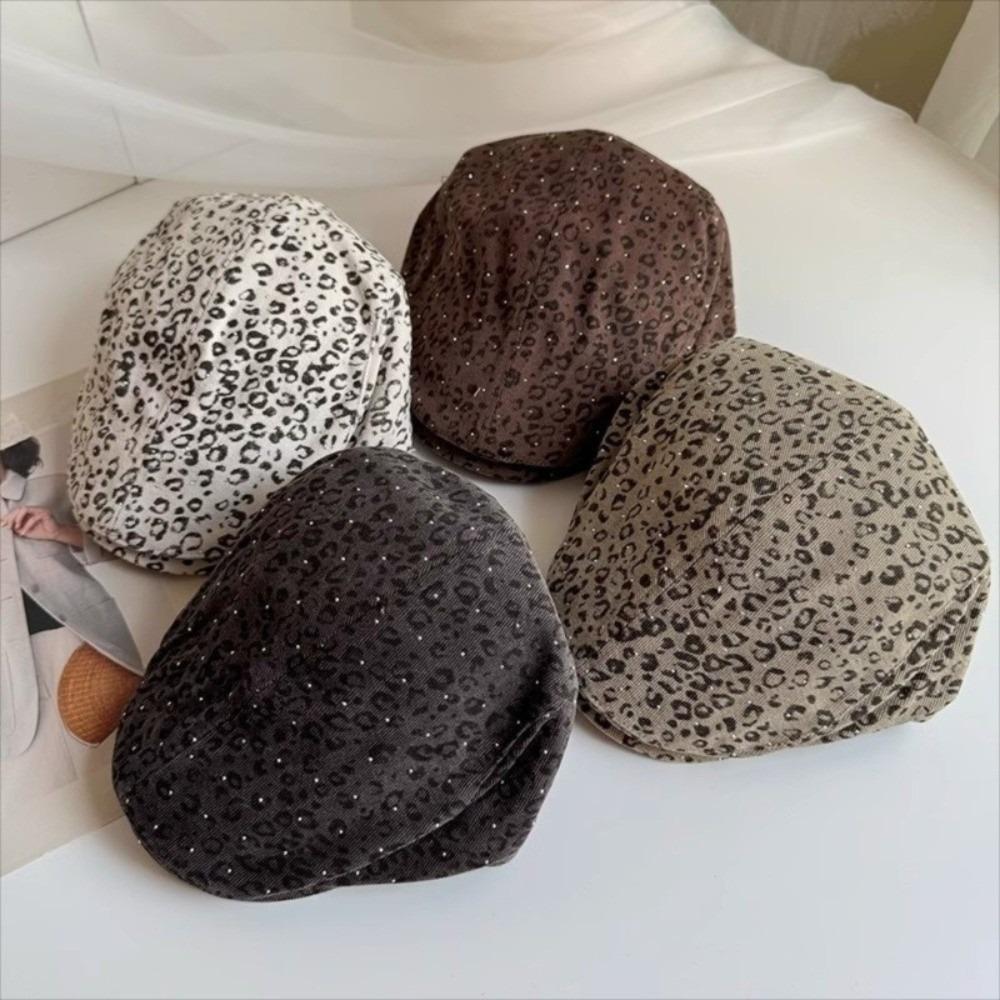 Rhinestone Leopard Print Beret Flat Painter Cap Fashion Leopard Newsboy Cap  Outdoor