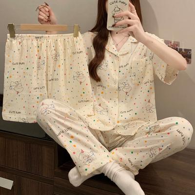 [Комплект из трех предметов] Пижама Party Puppy Женская летняя из облачного хлопка с коротким рукавом Удобная и милая домашняя одежда