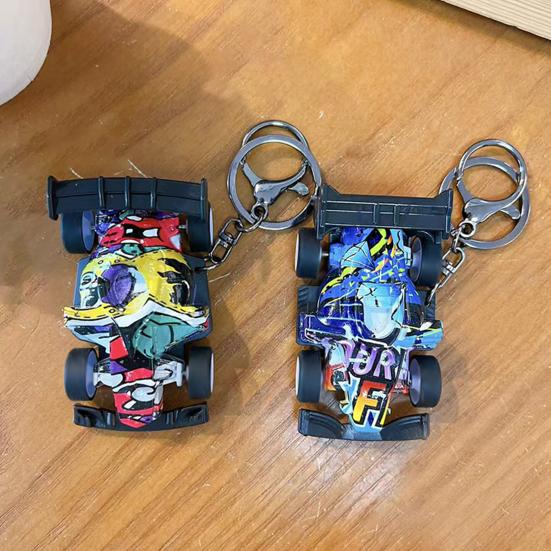 Go-cart Cartoon Keychain Pendant with Double-Ring Hook Anti-Detachable Design Decompression Tool Keychain Accessory