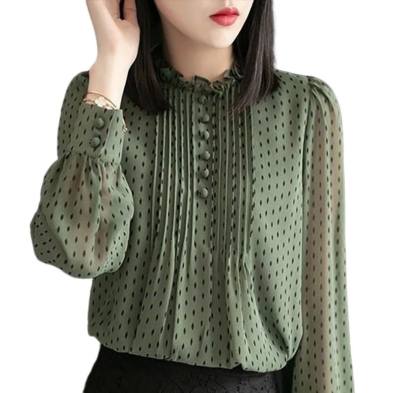 Spring Autumn Women's Chiffon Blouses Shirts Lady Casual Long Sleeve O-Neck Polka Dot Printed Chiffon Blusas Tops