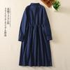 2025 Spring New Retro POLO Collar Mori Medium and Long Waist Thin Floral Long-sleeved Cotton and Linen Dress Women