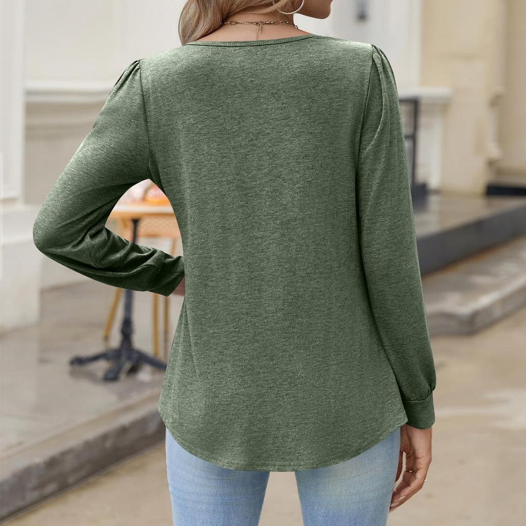 Women's Fashionable Casual V-neck Blouse Button Long-sleeved Pullover T-shirt Top
