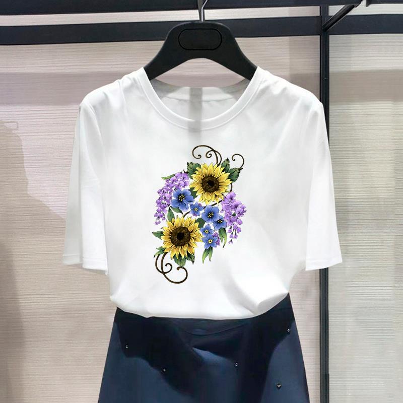 (Азиатский размер) Модный принт с цветочным принтом, стильная тенденция, милая женская повседневная футболка, повседневная женская футболка с коротким рукавом и графическим принтом
