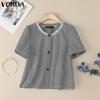 Women Casual Sequin Collar Patchwork Short Sleeve Striped Cropped Blouse