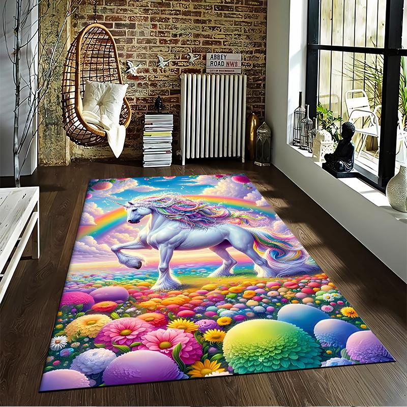 Magical Unicorn Carpet with Rainbow and Colorful Floral Design Suitable for use as an anti-slip for living room bedroom sofas
