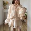 French Style Bubble Sleeve Ruffle Edge Short Skirt Two-piece Set with Pleated Design, Short Dress