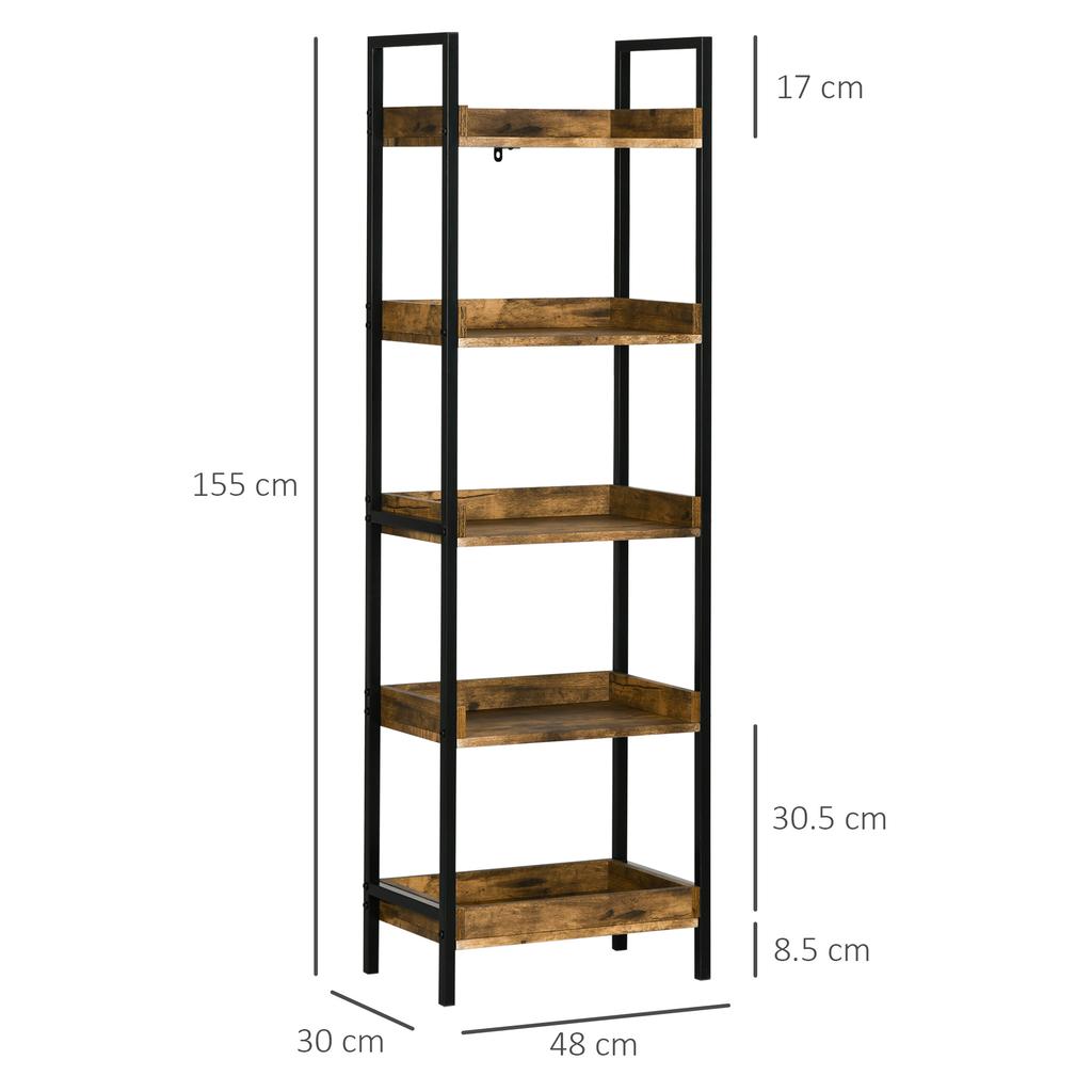 Industrial Style 5-Shelf Bookcase in Wood and Metal, 48x30x155cm, Rustic Brown