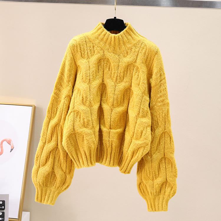 Women's Lantern Sleeve Cable Knit Cardigan - Autumn/Winter Korean Loose Style Sweater