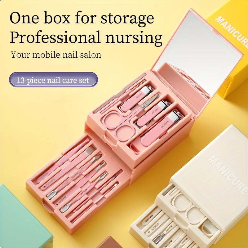 New Multifunctional Makeup Drawer Mirror Design 13pcs Classic Stainless Steel Nail Care Set with Concave Blade, Unscented Fingernail Clippers and File