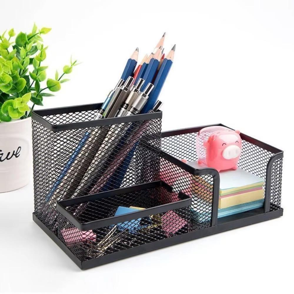 Mesh Design Pen Holder Metal Desk Stationery Organizer Pencil Storage Box Student