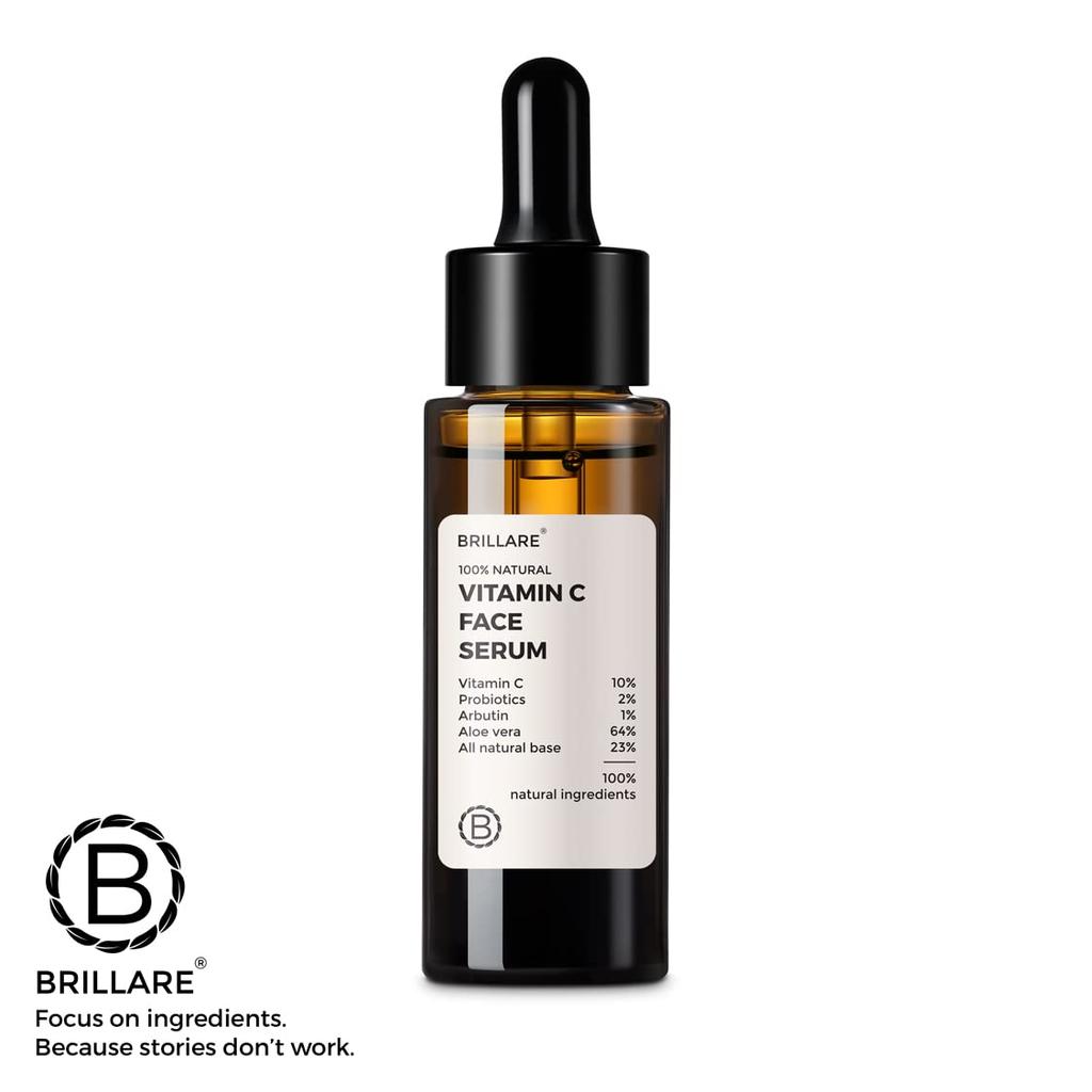 Brillare Сыворотка для лица с 10% витамином С для сияющей кожи с пробиотиками и алоэ вера | Осветляет кожу, уменьшает тусклость и темные пятна | Видимое сияние за 7
