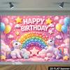 2D flat unicorn candy rainbow birthday background  pink background  happy birthday theme