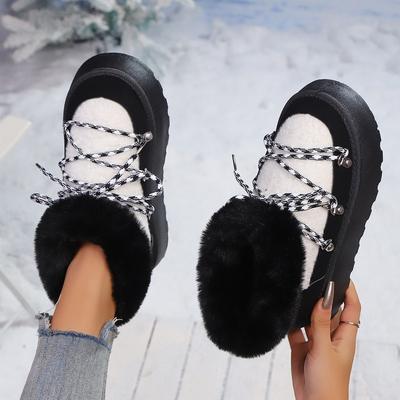 Внешнеторговые большие размеры толстая подошва зимние сапоги женские 2025 зима новые на шнуровке с бисером шлепанцы короткие плоские сапоги