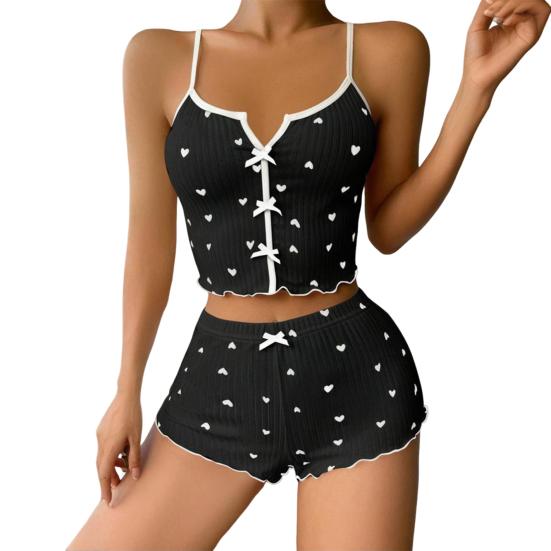 2 Pcs/Set Women Vest Shorts Suit Bow Heart Print Sleeveless Shirring Top High Waist Short Trousers Homewear Loungewear Outfit Summer Sleepwear