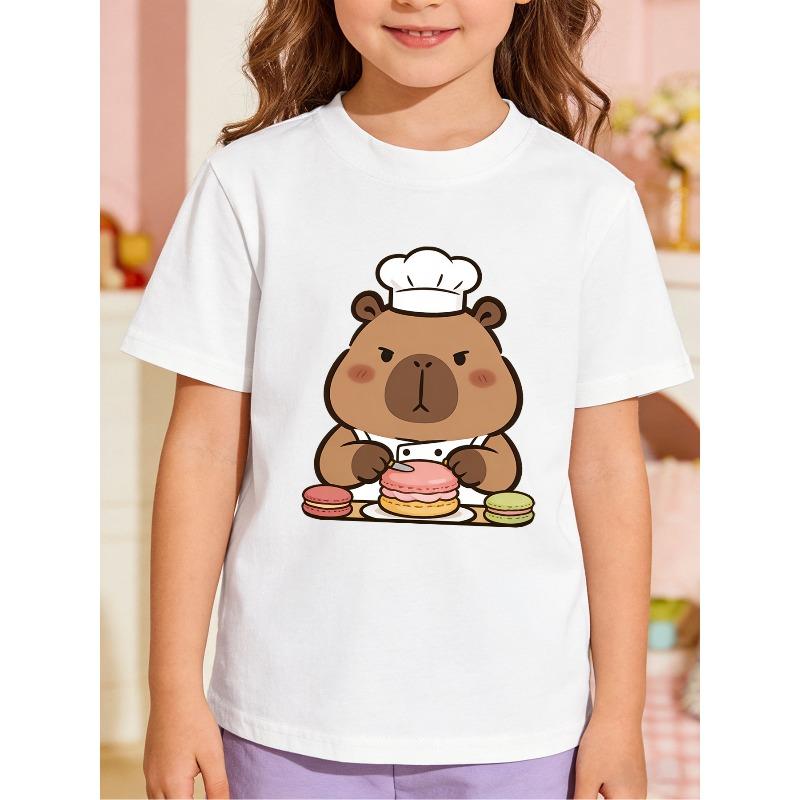 European sizes Girl's Chef Capybara Pattern Short-Sleeve T-Shirt, Kids' Summer Casual Top, Comfortable and Versatile, Suitable for Outerwear, Holidays