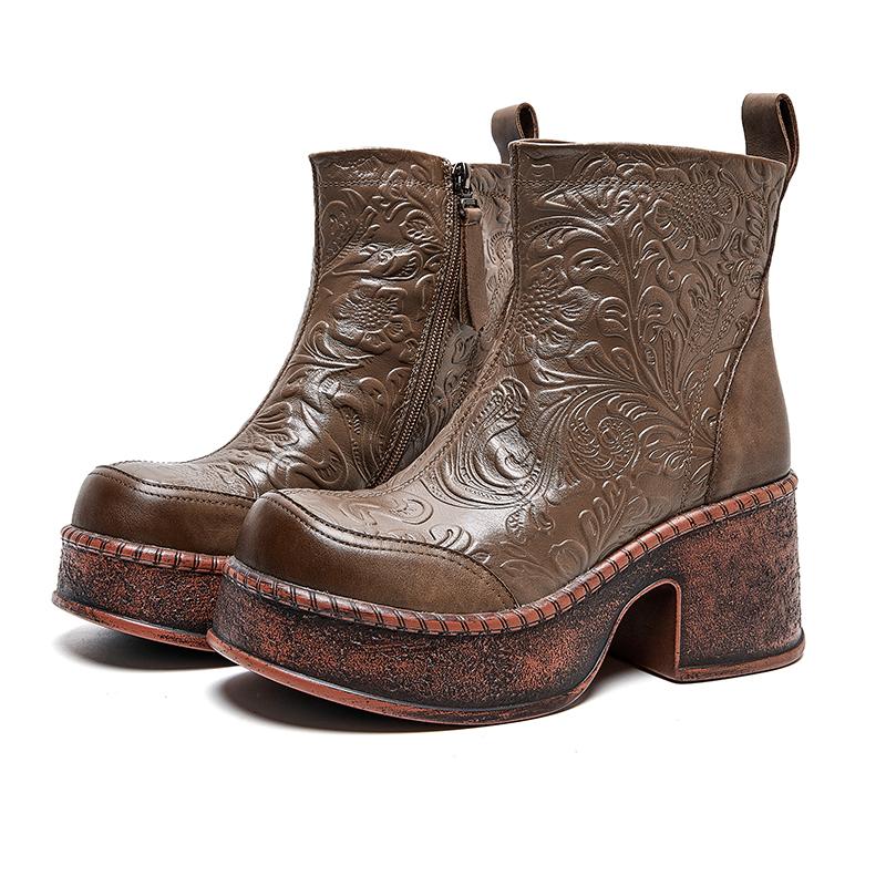 GKTINOO Женские мотоботы из натуральной кожи 2025 Новые на молнии с круглым носком Женская обувь Ручная работа Ретро Платформа Короткие ботинки