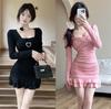 Элегантный Стиль Знаменитости Квадратный Вырез Платье С Длинным Рукавом Женское Осеннее Новое Стройные Бедра Рыбий Хвост Короткая Юбка