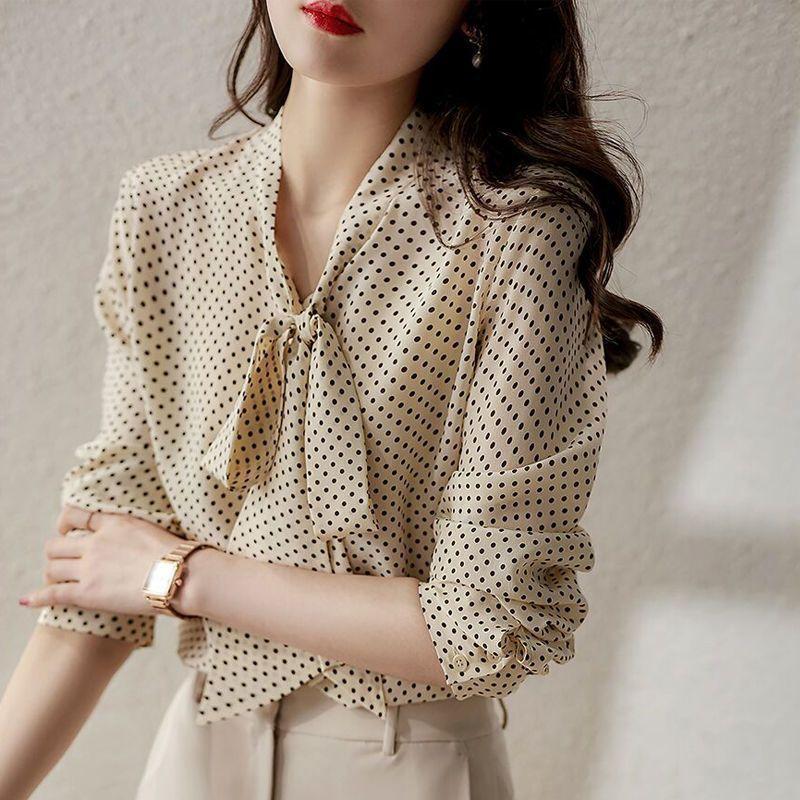 Spring Autumn Shawl Collar Long Sleeve Blouse Women's Bow Polka Dot Printing Cardigan Elegant Thin Style Shirt