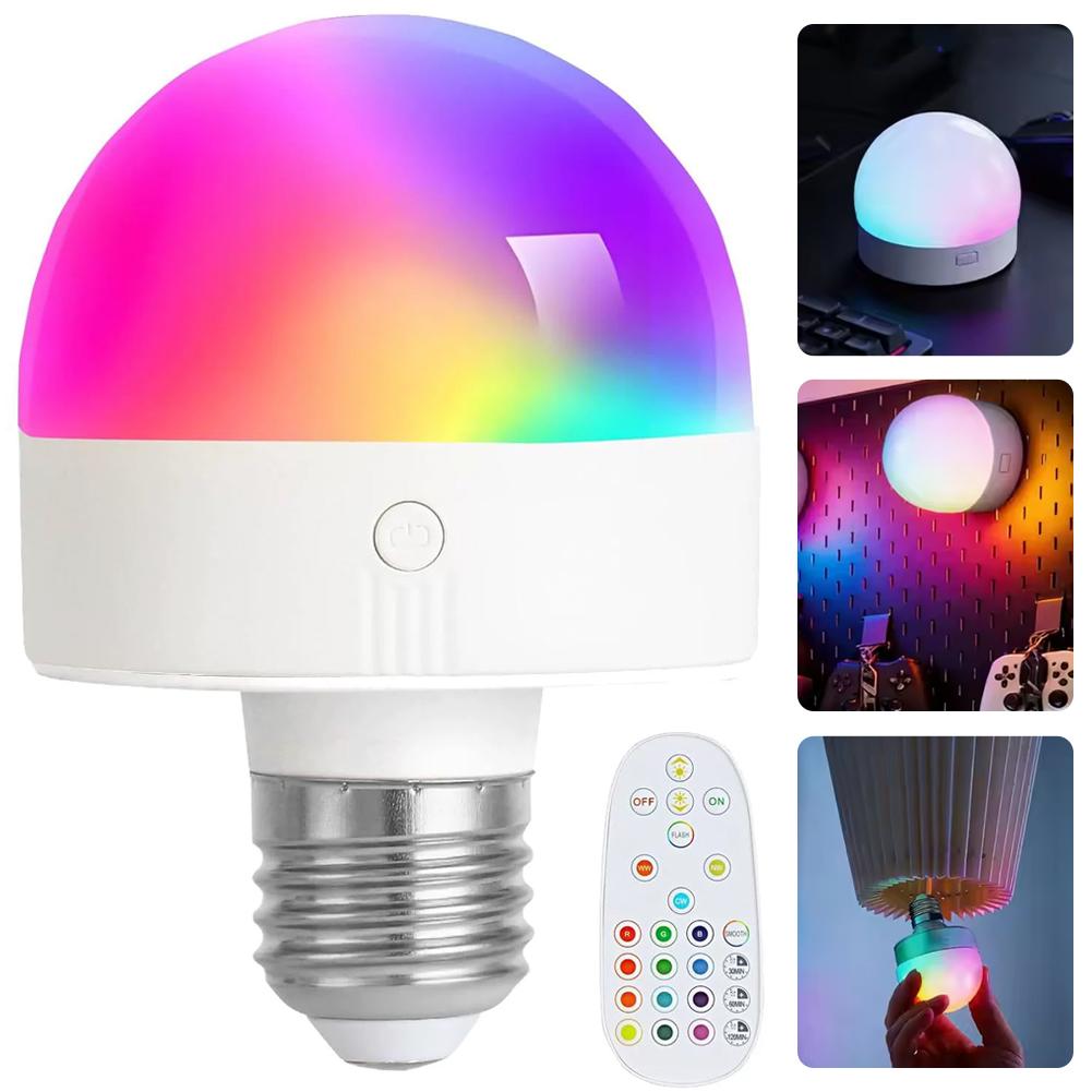 Перезаряжаемая светодиодная лампа E27/E26 RGB с пультом дистанционного управления, бесступенчатым диммированием, трехцветным светом для настенных светильников, люстр, настольных ламп, таймер