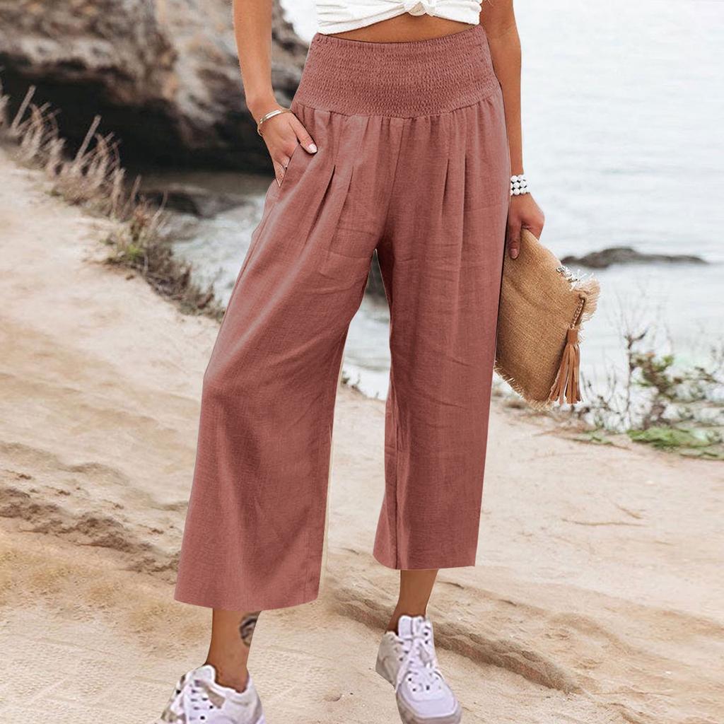 Women's 9-pant Casual Loose High Waist Cotton Linen Wide Leg Long Pants With Pockets