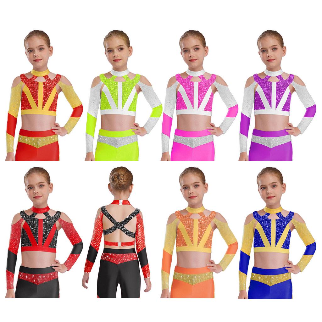 Girls Long Sleeve Rhinestone Color Block Crop Top Cross Back Cutout Gymnastics Top
