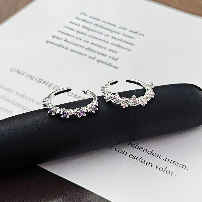 Small Fine Circle Pink Diamond Purple Diamond Zir*****Pen Ring Women'S High Sense Light Luxury Cold Wind Ring Tide
