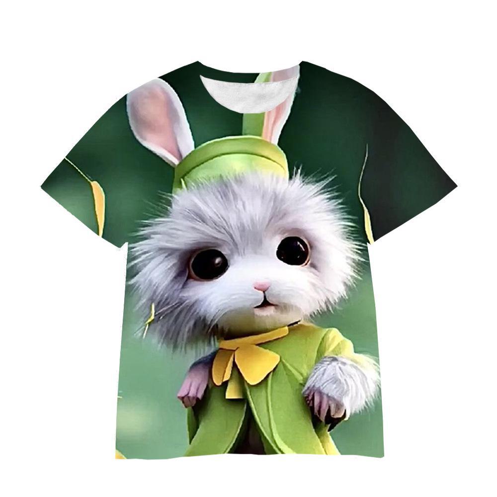 Summer Round Neck 3D Cartoon Furry Animal Print Top Fashionable Casual Short Sleeved Children's Boy and Girl Universal T-shirts