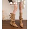 Retro Pointed Pleated Piled Boots Women's Foldable Two-wear Spice Girl Western Cowboy Boots Inner Height-increasing and Thin Boots