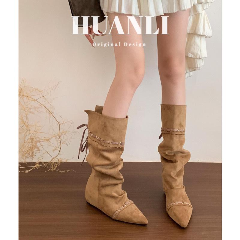 Retro Pointed Pleated Piled Boots Women's Foldable Two-wear Spice Girl Western Cowboy Boots Inner Height-increasing and Thin Boots