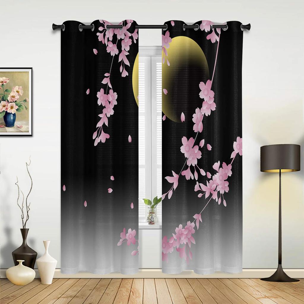 2pcs Japanese Cherry Blossom Moon Minimalist Curtains for Living Room Bedroom Modern Window Decor